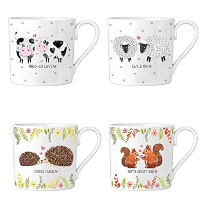 Image of YöL Set Of 4 Mugs Love Animals Porcelain Mug Coffee Tea Cup Multicolour 13oz White Farm Cups