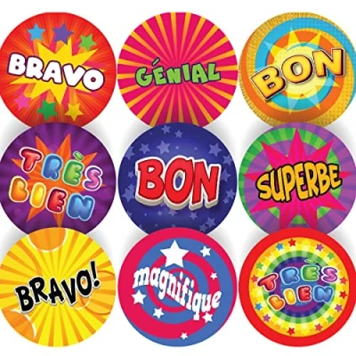Image of 144 Funky French Praise Words 30 mm Reward Stickers for School Teachers, Parents and Nursery