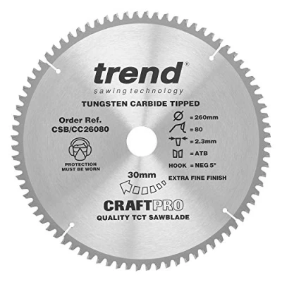 Image of Trend Wood Mitre Saw Blade, 260mm Diameter, 30mm Bore, 80 Teeth, TCT, 2.3mm Kerf, 5 Hook, CSB/CC26080