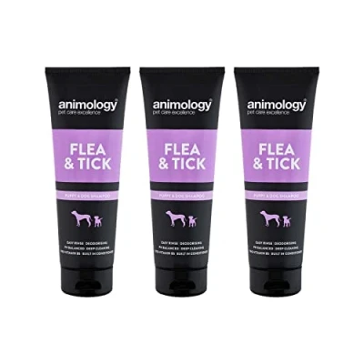 Image of Animology Flea and Tick Shampoo For Puppies Dogs Medicated Tea Tree Scent Built In Conditioner Added Pro Vitamin B5 PH Balanced Soothes Irritated Bitten skin 250ml 3 Pack