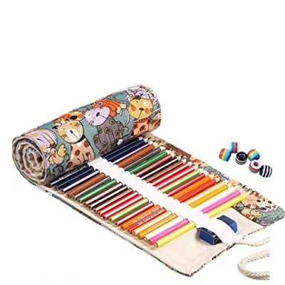 Image of Amoyie Hand Roll Up Pencil Bag for 72 Colored Pen Organiser Canvas Wrap (Cat Holes)