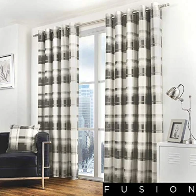 Image of Fusion Balmoral Check 100% Cotton Pair of Eyelet Curtains 66&quot; Width x 72&quot; Drop (168 183cm) in Slate
