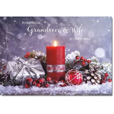 Image of doodlecards Grandson and Wife Christmas Card Festive Red Candle Medium Size for &amp; with Plain Envelope