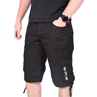 Image of True Face Mens Shorts Cargo Pockets Denim Combat Chino Button Up Flat Front Army Workwear Knee Length Straight Leg Casual Summer Work Half Pants Bottom Size 38 Black