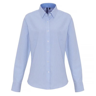 Image of Premier Womens/Ladies Cotton Rich Oxford Stripe Blouse (White/Light Blue) Size Small