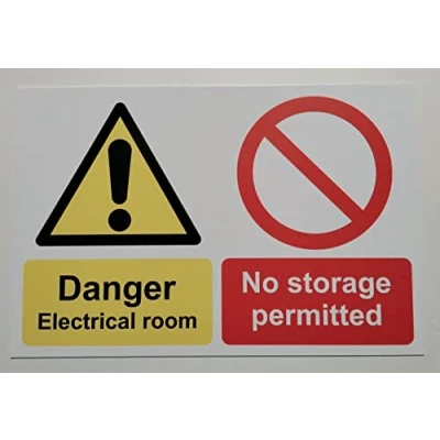 Image of Danger Electrical Room no Storage Permitted Safety Sign Self Adhesive Sticker (300mm x 200mm)