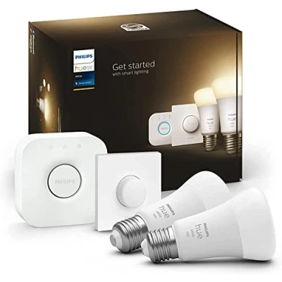 Image of Philips Hue White Smart Light Bulb Starter Kit [E27 Edison Screw] 2 Pack + Button. with Bluetooth. Works Alexa, Google Assistant, Apple Homekit