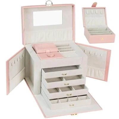 Image of AdelDream Jewellery Box Large Lockable 5 Tier Drawers with Mirror for Rings, Earrings, Necklaces and Bracelets Elegant Classic Pink 03 4