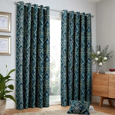 Image of Curtina Navy Blue Floral Woven Curtains W66 x L72 (168 183cm) Dark Eyelet with Flowers Traditional &amp; Drapes for Living Room Bedroom Botanical Jacquard
