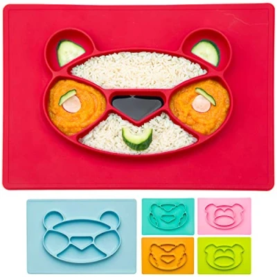 Image of Kids Plate Baby Silicone Eating Mat Place Placemat Anti Slip (Panda, Red)