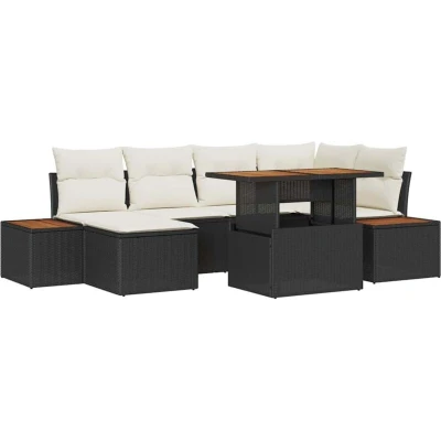 Image of vidaXL 7 Piece Garden Sofa Set with Cushions Black Poly Rattan