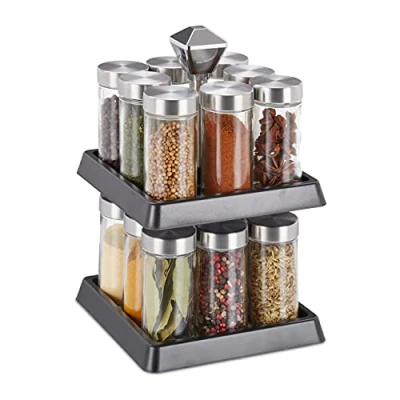 Image of Relaxdays Spice Rack, 16 Glass Jars, Rotatable, Stainless Steel, H x W D: 27 16.5 cm, Silver/Black