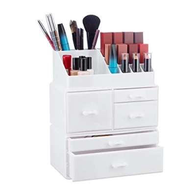 Image of Relaxdays Organizer wit 21 Compartments, Cosmetic Tower for Lipstick, Nail Polish, Makeup Tray, White, Pack of 1