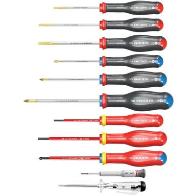Image of FACOM Set of 9 Protwist Screwdrivers Ergonomic Non Slip Handles 4 Slot + 3 Phillips 2 Prozidriv at.9Pb Multi Coloured