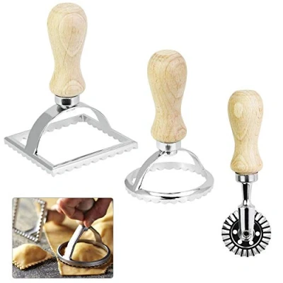 Image of CODIRATO 3 PCS Ravioli Stamp Set Cutter with Wooden Handle Maker for Making Ravioli, Empanadillas or Cookies