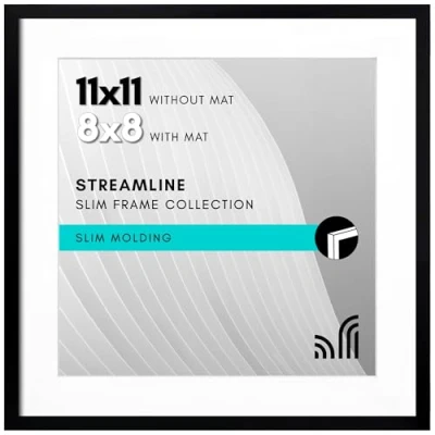 Image of Americanflat 11x11 Picture Frame in Black Thin Border 9x9 with Mat or Without Shatter Resistant Glass Horizontal and Vertical Formats for Wall Tabletop