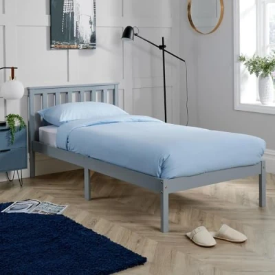 Image of Home Source Florida Solid Wood Low End Bed Frame, Natural Wood, Grey, 3ft Single