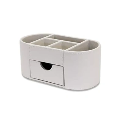 Image of OSCO White Faux Leather Desk Organiser with Drawer Tidy Pen Holder Makeup Container Pencil Storage 6 Compartments Stationery Caddy H10 x W23 D12 cm