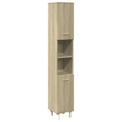 Image of vidaXL Sonoma Oak Bathroom Cabinet Storage Vanity Unit, Engineered Wood, 6 Compartments, Doors Adjustable Left/Right, Easy Maintenance 30.5x30x179 cm