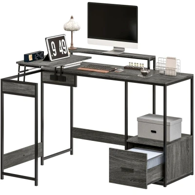 Image of HOMCOM L Shaped Desk, Computer Desk with Liftable Desktop, Industrial Corner Drawer for A4/Letter Size, Home Office Monitor Stand Office, Charcoal Grey