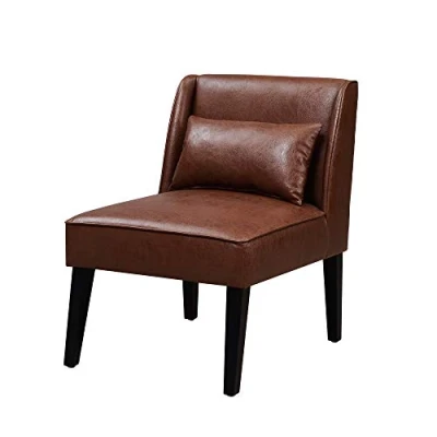 Image of VERSANORA Teamson Home Marc Lounge Accent Chair, Reading Armchair Seat in Faux Leather with Padding &amp; Cushion for Living Room or Reception Room, Brown