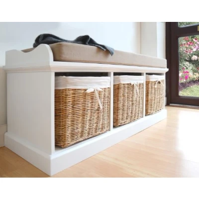 Image of Tetbury Storage Bench with Cushion and Wicker Baskets White Hallway Kitchen Bedroom Seat Fully Assembled 3 Seater (biscuit cushion, large)