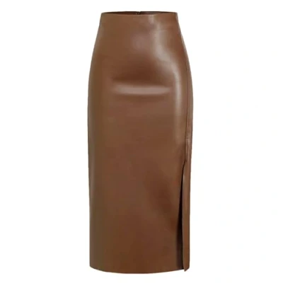 Image of MAOAEAD Women&#039;s Long Black Leather Skirt with High Slit Slimming Waisted Faux Midi Sexy A Line Bodycon Skirts (Brown,XL)