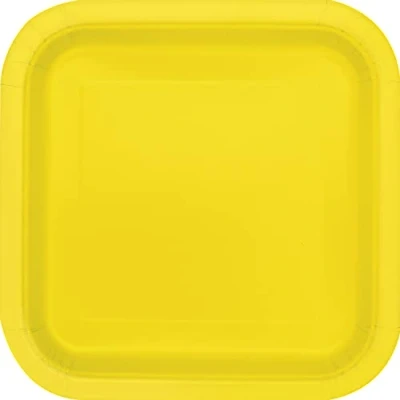 Image of Unique 47046EU Eco Friendly Square Paper Plates 23 cm Yellow 14 Count (Pack of 1), Neon Yellow, Pack