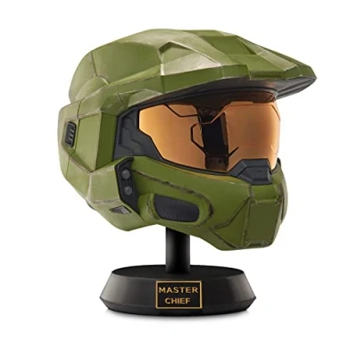 Image of Halo Master Chief Deluxe Helmet with Stand LED Lights on Each Side Battle Damaged Paint One Size Fits Most Build your Universe