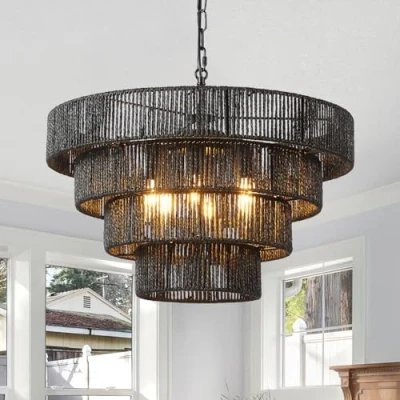 Image of Schindora Rattan Lampshade Boho,6 Lights Lamp Shade Hand Woven 50CM Pendant Light 4 Round Transitional Rustic Large for Kitchen Island Bedroom Dining Room Living Room,Matte Black