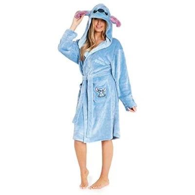 Image of Disney Ladies Dressing Gowns Fleece Hooded Women&#039;s Robes Stitch Gifts (Blue, XL)