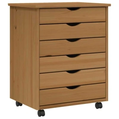 Image of vidaXL Solid Wood Pine Rolling Cabinet, Honey Brown MOSS Collection with Mobile Storage, 6 Large Drawers for Office/Living Room/Bedroom