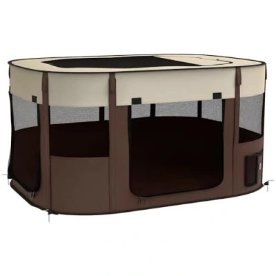 Image of PawHut Dog Pen, Pet Playpen, Portable Foldable Cat Playpen with Storage Bag for Puppies, Rabbits, Kittens, Guinea Pigs, 114 x 89 59cm Brown