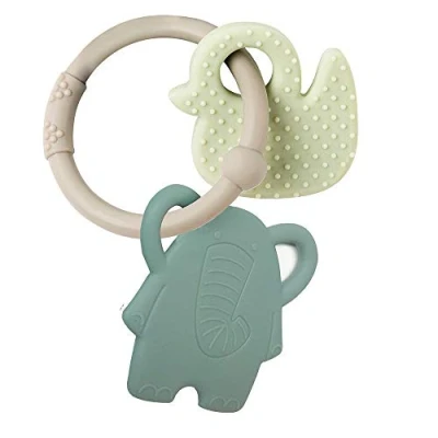 Image of Nattou 2 in 1 Animal Teether Ring + Rattle, BPA Free Silicone Teething Soother, Easy To Grab/Hold For Newborn, Wipe Clean, 6 Months+, Elephant &amp; Duck Grey