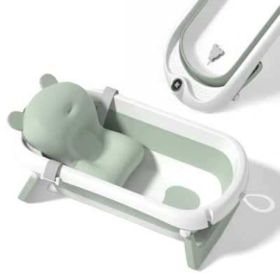 Image of Foldable Baby Bath with Non Slip Cushion/Bath Thermometer for Water Temperature Control/from Birth to 3 Years / 5 Plastic Balls