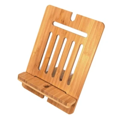 Image of OSCO Bamboo Tablet Holder iPad Phone Stand Book Support Document Mount Adjustable Angle Use in Portrait or Landscape H19 x W16.5 D15 cm