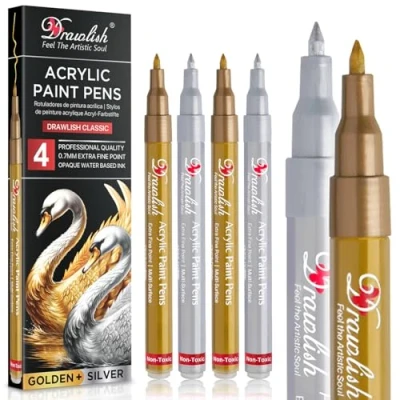 Image of Acrylic Paint Pens Metallic Marker 2 Gold &amp; Silver Set of 4 Markers 0.7mm Extra Fine Tip Ideal for Fabric, Glass, Wood, Canvas, Ceramic, Porcelain, Rock Painting