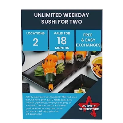 Image of Activity Superstore Unlimited Weekday Sushi for two, 18 month Validity, Experience Days, Dinner London Getaway, Days out