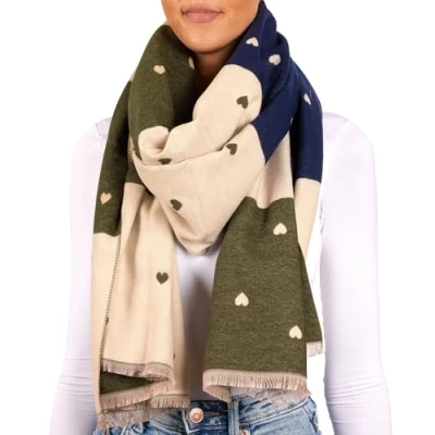 Image of BRUBAKER Cashmirillo Ladies Scarf with Heart Pattern 27.6 x 78.7 inches (70 200 cm) Warm, Cosy and Oversized Wool for Autumn Winter Soft Cashmere Feel Blue, Olive Beige