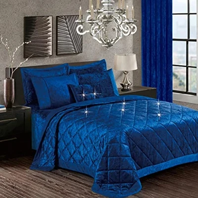 Image of Householdfurnishing 3 Piece Crushed Velvet Bedspread Quilted Bed Throw Comforter with Pillow Shams (Santiago/Royal Blue, King)