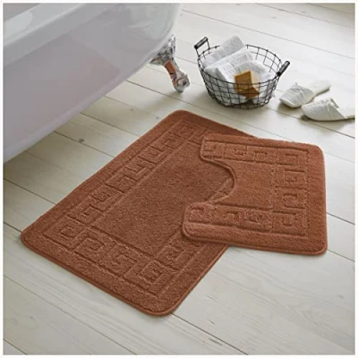 Image of GC GAVENO CAVAILIA Bath Mat Set 2 Piece Non Slip Bathroom Rug Toilet With Pedestal Machine Washable Floor Terracotta