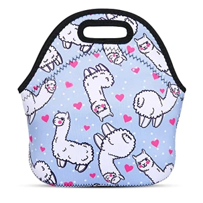 Image of JIMOWANG Alpaca Heart Cute Neoprene Lunch Bag Reusable Box Insulated Bags Tote Cartoon Thermal Picnic Waterproof Handbag