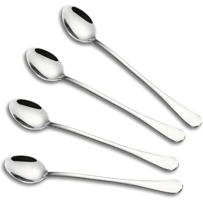 Image of Latte Spoons Set of 4 Long Handle Iced Teaspoons Stainless Steel Cocktail Stirring for Coffee, Espresso, Hot Drinks, Chocolate, Dessert &amp; Ice Cream