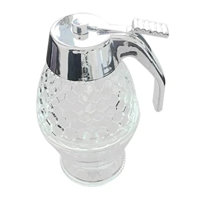 Image of joyMerit Honey Dispenser No Drip Glass Maple Syrup Beautiful Comb Shaped Pot Jar with Stand, Great Bee Decor