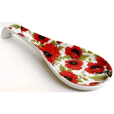Image of Red Poppy Porcelain 22 cm Medium Spoon Rest Poppies Flowers Ceramic Hand Decorated UK…