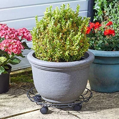 Image of Garden Mile Plant Pot Caddy Stand with Wheels Outdoor Patio Rollers Saucer Tray Pallet Potted Trolley Heavy Duty Movable Steel Dolly Supports for Plants 40cm