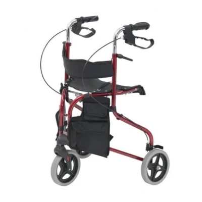 Image of Tri Walker with seat/Lightweight 3 Wheeled rollator Brakes and Shopping Bag (Red)