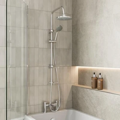 Image of Architeckt® Round Waterfall Bath Shower System Mixer Tap with Modern Square Riser Rail Kit Dual Rainfall Heads Handset