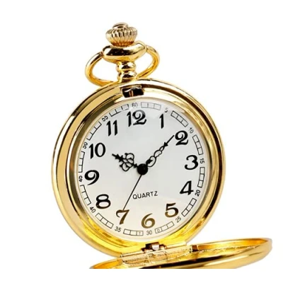 Image of ausuky Classic Vintage Smooth Retro Pocket Watch Chain Quartz Pendant Antique Necklace (Gold)