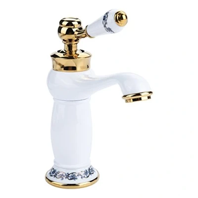 Image of Antique Brass Ceramic Bathroom Sink Tap Blue White Porcelain Vintage Floral Single Handle Mixer Cold Hot Water Bronze Faucet